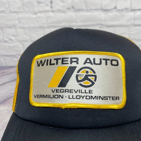 Vintage Hat Cap Snapback Black Yellow WILTER Auto UAP Trucker Bill Curved Item2 - Picture 6 of 8